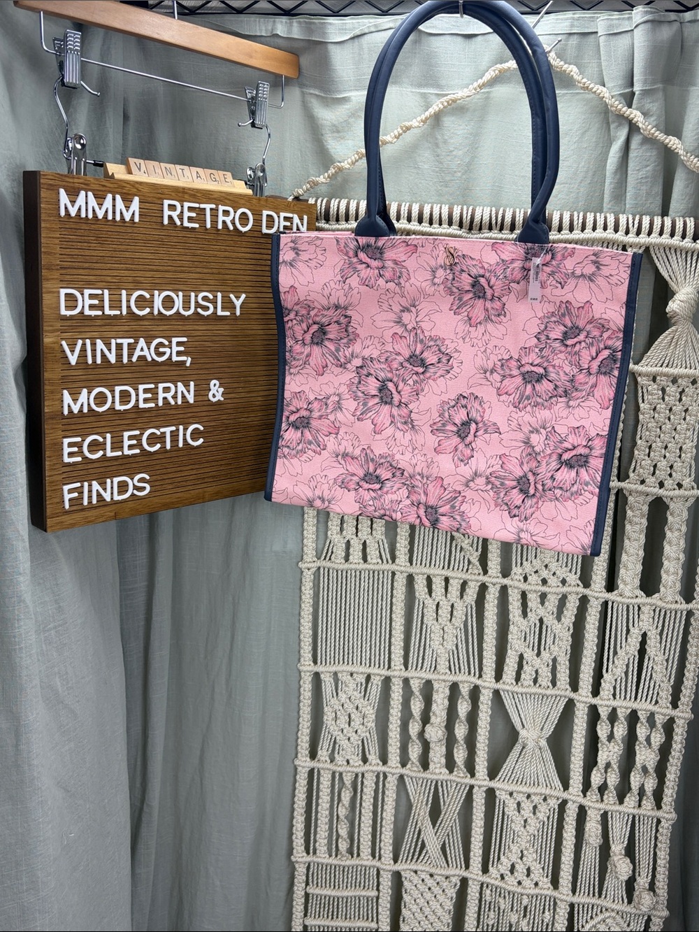 Victoria’s Secret Pink Floral Canvas Tote Bag with Navy Trim